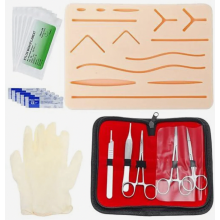 Kit para prática de sutura com almofada de silicone, ferramentas de treinamento cirúrgico e materiais de sutura para fins educacionais.
