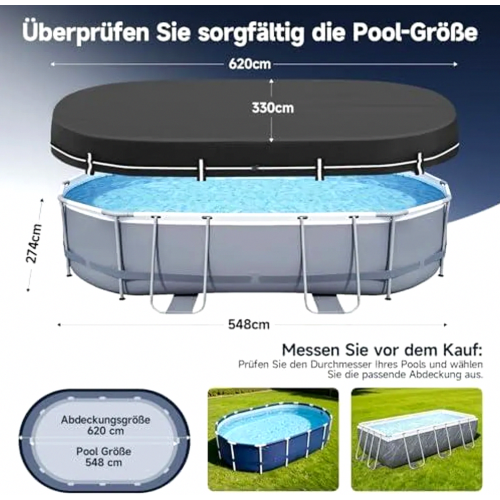 Cubierta rectangular para piscinas elevadas, dos en uno para protección solar e invernal, 640 x 360 cm.