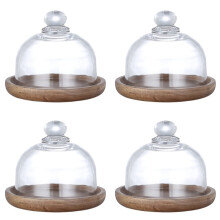 4X Plateau de Service à Dessert Multifonctionnel Plat à Gâteau en Acacia avec Couvercle en Dôme Assiette à Gâteau pour les Hôtels à la Maison