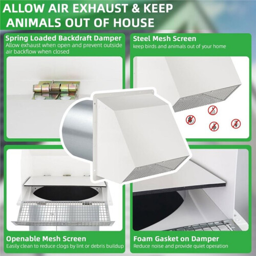 Ventilação de Parede com Capô de 6 Polegadas com Tela e Registro, Tampa Externa para Ventilação de Secador e Exaustão de Ar da Cozinha 1