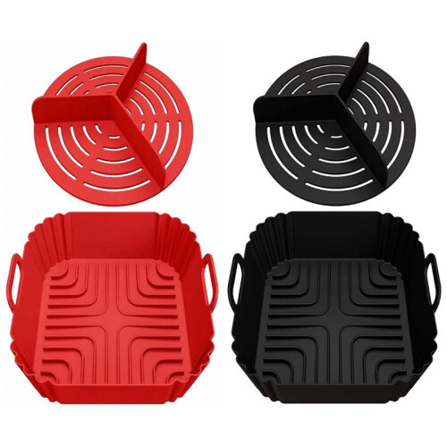 2 Pack Square Silicone Air Fryer Liners with Round Divider for 3 Flavors - Reusable Kitchen Accessory
