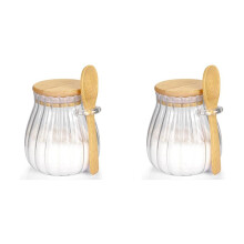 2X Récipient à Sucre avec Couvercle et Cuillère en Bambou, Sucrier Pot en Verre pour Accessoires de Bar à Café, Boîte à Café de Cuisine 600 Ml