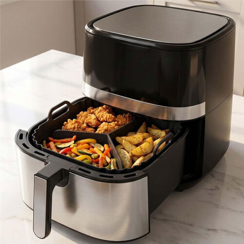 2 Pack Square Silicone Air Fryer Liners with Round Divider for 3 Flavors - Reusable Kitchen Accessory 2