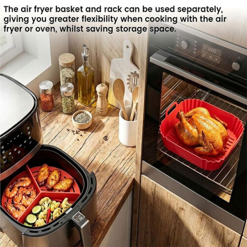 2 Pack Square Silicone Air Fryer Liners with Round Divider for 3 Flavors - Reusable Kitchen Accessory 1
