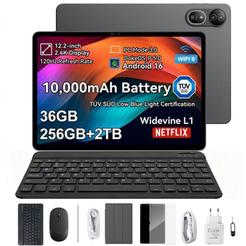 Blackview Tablet 5G Táctil BLACKVIEW MEGA 12 Tablet 12.2 Polegadas Android 16,36Go RAM+256Go ROM, MediaTek Dimensity 7200, IP69K, com teclado