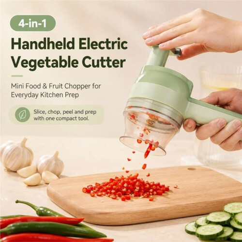 4 in 1 Handheld Electric Vegetable Cutter Food Fruit Chopper (Green), Automatic Functionality for Garlic Vegetables 1