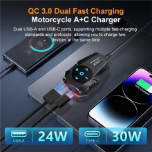 2-in-1 Motorfiets USB-C-Oplader en -Afstandsbediening, Dubbele USB-A-C-Oplaadpoort (12V-24V), Telefoonoplader voor op Het Stuur
