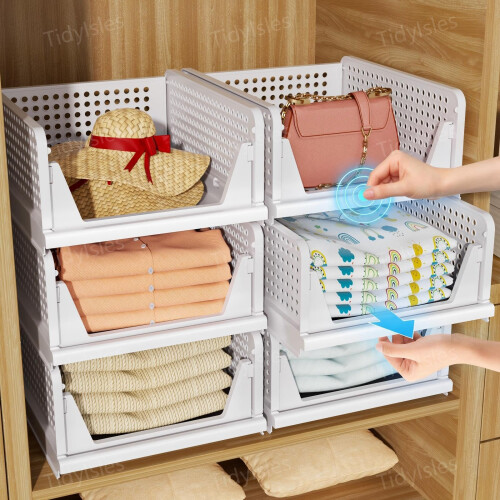 TidyIsles 4 Pack Folding Stackable Plastic Storage Organisers, White