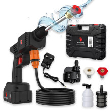 Jet Hawk Portable Cordless High-Pressure Washer, 6-in-1. Use Any Water Source, with Spray Nozzles, 5m Hose, Soap Dispenser & Hard Carry Case.