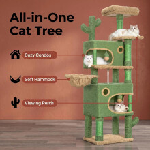 Arbre à chat Cactus, 165 cm, 7 étages, 2 grottes, 2 plateformes, vert et marron