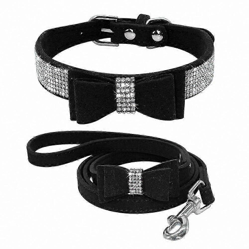 (black, M) Flexible Microfiber BowCollar for DogandCat Pets with ShinyRhinestones CollarAccessory