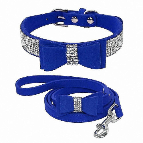 (blue, M) Flexible Microfiber BowCollar for DogandCat Pets with ShinyRhinestones CollarAccessory