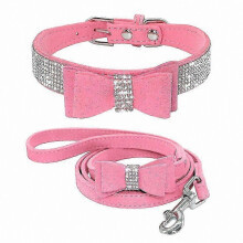 (pink, XS) Flexible Microfiber BowCollar for DogandCat Pets with ShinyRhinestones CollarAccessory
