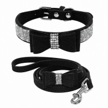 (black, XS) Flexible Microfiber BowCollar for DogandCat Pets with ShinyRhinestones CollarAccessory