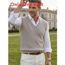 (Khaki, L) Sleeveless Men Knit Top With Polyester Fabric Fine Textured Pattern Spring Fall