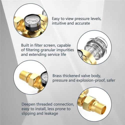 Vattentrycksregulator med Tryckmätare, Vattenfilter, 1" Husanslutning, Tryckreducerare för Vatten 2