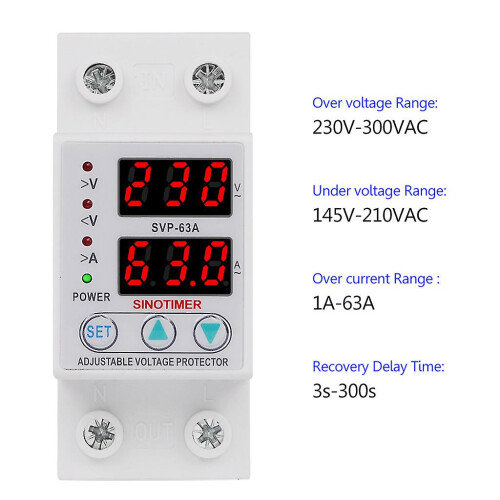 Intelligent 63A Single Phase Over-Voltage Adjustable AC Current Protector 230V 1