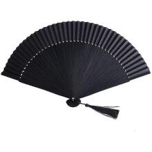 Vintage Silk Weave Bamboo Ribs Handheld Folding Chinese Fan Wall Decoration