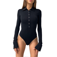 Body femme slim à manches longues et col en V, boutonné, taille M, noir, idéal pour les voyages, les fêtes et les vacances.