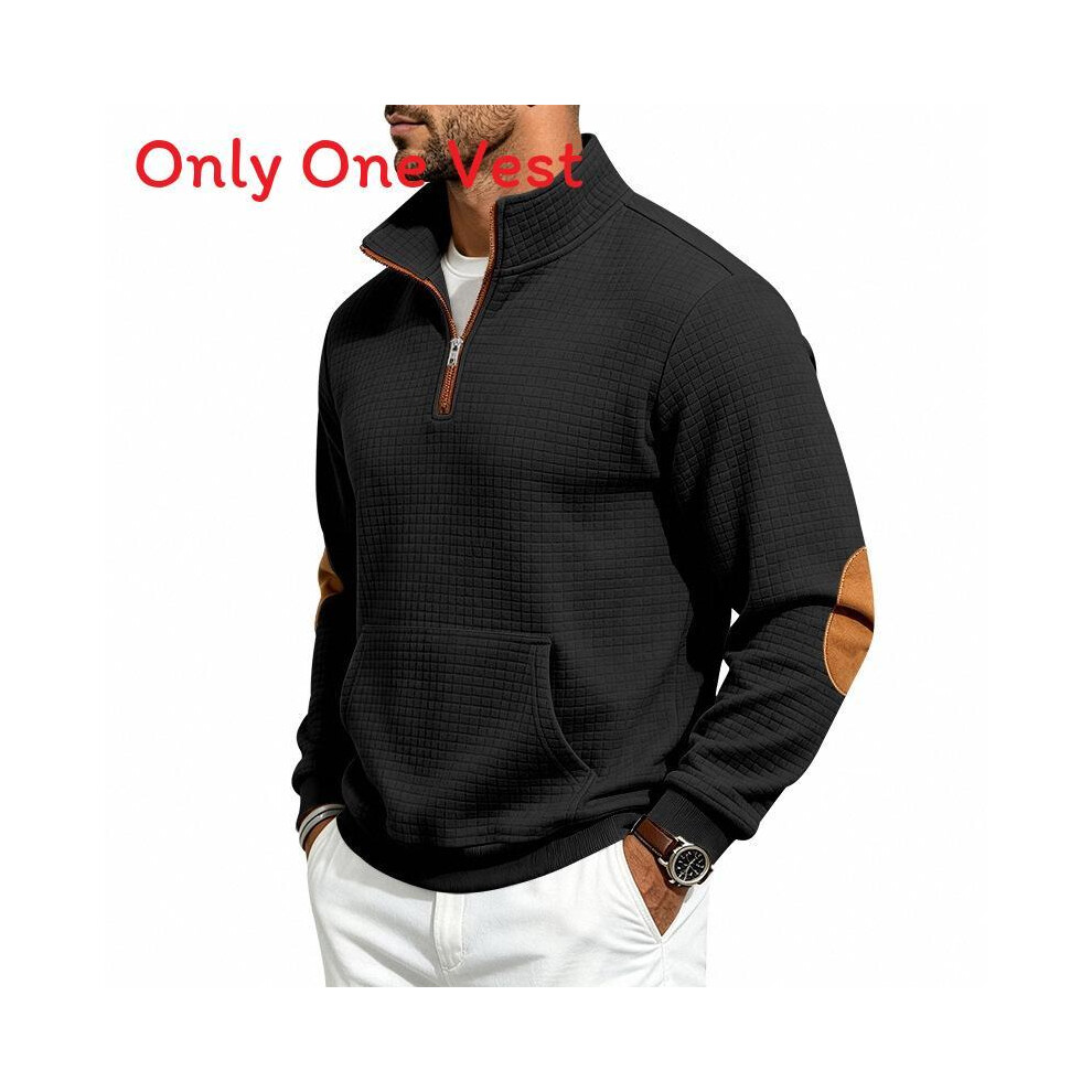 (Black,M)Felpa Uomo Casual Mezza Cerniera Supporto Colletto Color Block Abbigliamento Autunno Inverno-image