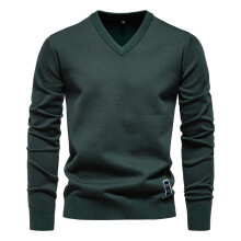 (Green,L)Minimalist Cotton Vneck Pullover For Young Men Autumn Season With Solid Color