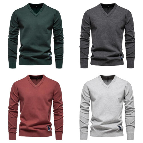 (DarkGray,M)Minimalistischer Baumwollpullover mit V-Ausschnitt für junge Männer Herbstsaison einfarbig 2