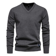 (DarkGray,XXL)Pulôver minimalista de algodão gola V para homens jovens temporada outono com cor sólida