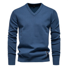 (StarBlue,XL)Minimalist Cotton Vneck Pullover For Young Men Autumn Season With Color Solid