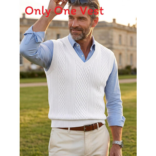 (White,L)Men Sleeveless Knit Top With Polyester Fabric Fine Textured Pattern Spring Fall