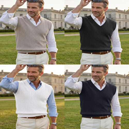 (Khaki,XL)Men Sleeveless Knit Top With Polyester Fabric Fine Textured Pattern Spring Fall 1