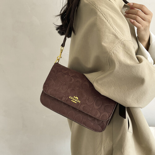 (Coffee color) Women's flocked embossed flap baguette bag