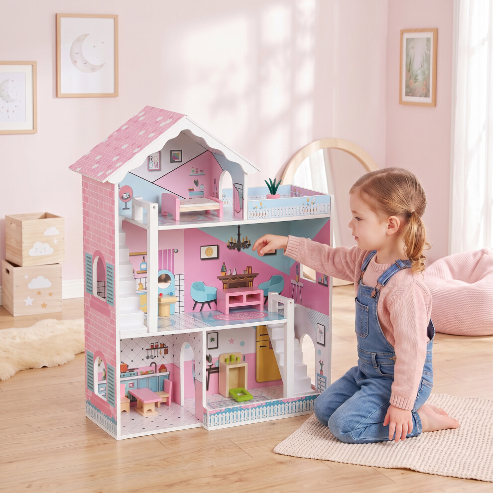Aiyaplay Pink Wooden Dolls House 3-Storey With 10 Accessories For 3-6 Years, - Image 3