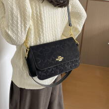 (Black) Women's flocked embossed flap baguette bag