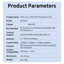 2X PCIe 3.0 Expansion Card ASM1061 2-Port 6Gbps Controller Hot-Swappable Adapter for SSD HDD NAS for Windows Linux