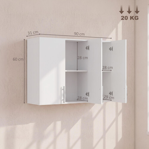 Homcom HOMCOM Bathroom Wall Cabinet, 3 Doors, Adjustable Shelf, High Gloss White 2