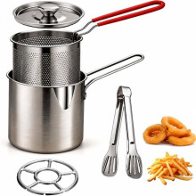 MiniDeep Fryer Set, Stainless Steel Oil Strainer Fry Pot with EasyGrip Handle for French Fries, Chicken Wings, Fish B