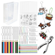 198Pcs Shrink Keychain DIY Kit,with 16 Blank & 4 Pre-Printed Shrink Sheets, Hole Punch, Keychains, Colored Pencils