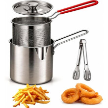 MiniDeep Fryer Set, Stainless Steel Oil Strainer Fry Pot with EasyGrip Handle for French Fries, Chicken Wings, Fish A