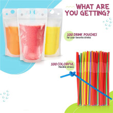 200Pcs 16Oz Drink Pouches for Adults - Drink Pouches with Straws X100 - Resealable Smoothie Pouches