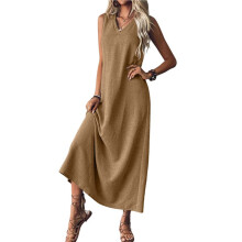 Summer Dresses for Women Cotton Linen Maxi Dress Casual Sleeveless Solid Long Sundress Light Brown M