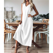 Summer Dresses for Women Cotton Linen Maxi Dress Casual Sleeveless Solid Long Sundress White XL