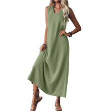Summer Dresses for Women Cotton Linen Maxi Dress Casual Sleeveless Solid Long Sundress Green XL