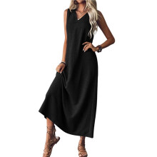 Summer Dresses for Women Cotton Linen Maxi Dress Casual Sleeveless Solid Long Sundress Black L