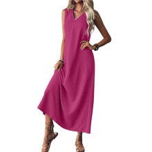 Summer Dresses for Women Cotton Linen Maxi Dress Casual Sleeveless Solid Long Sundress Rose Red M