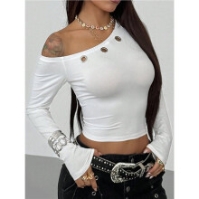 Dames Top met Asymmetrische Halslijn, Off-Shoulder Model, Lange Mouwen, Slim Fit, Uitgaansblouse met Één Schouder Wit L