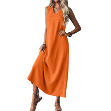 Sommerkleider für Damen: Maxikleid Aus Baumwollleinen, Lässiges, Ärmelloses, Einfarbiges, Langes Sommerkleid Orange L