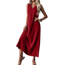 Summer Dresses for Women Cotton Linen Maxi Dress Casual Sleeveless Solid Long Sundress Wine Red XL