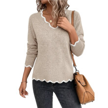 Women V Neck Sweaters Pullover Cozy Light-Weight Sweaters Long Sleeve Tops Khaki XXL