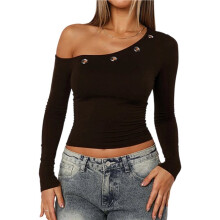 Dames Top met Asymmetrische Halslijn, Off-Shoulder Model, Lange Mouwen, Slim Fit, Uitgaansblouse met Één Schouder Bruin S