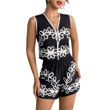 Women 2 Piece Graphic Outfits Boho Tie Knot Sleeveless Crop Vest and Shorts Set Black L